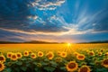 Field of Sunflowers at Sunset with a dramatic cloud formation. Generative AI Royalty Free Stock Photo