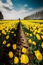 Field of yellow tulips with windmill in the background, Holland