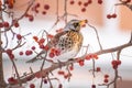 Fieldfare bird sits on a branch among hawthorn berries in spring