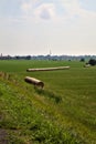 Fields with bales of hay on a summer day in the italian countryside at midday