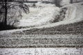 Fields covered with a thin layer of snow next to a path, stream and trees wintry mood