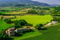 Fields and farmhouses seen from above, Provence, France
