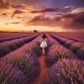 Fields of lavender sunset woman run, Generative AI