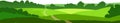 Fields, meadows and pastures. Rural landscape. Road through the hills. Graceful young trees. Isolated vector on a white background Royalty Free Stock Photo