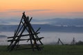 Fields and meadows under early morning fog in Podkarpacie region, Poland. Royalty Free Stock Photo