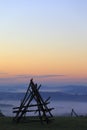 Fields and meadows under early morning fog in Podkarpacie region, Poland. Royalty Free Stock Photo