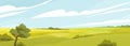 Fields panorama flat vector illustration. Beautiful countryside scenery, picturesque rural landscape, scenic view. Oak