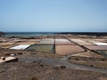 The fields for salt mining on the banks of the Atlantic Ocean. Blue horizon, turquoise water. Lanzarote