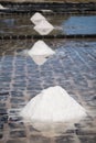 Fields of salt on the shores of the Indian ocean in Mauritius. The collection of salt.