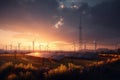 Fields with solar panels and wind turbines at sunset, showcasing the beauty of renewable energy. Ai generated