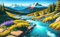 Field Valley Mountain and River Fantasy Painting. Magic of Nature. For childrens books stories