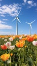 Fields of Yellow and White Tulips with Windmills