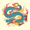 Fierce Asian Dragon Flying Over Cloud With Fire Hand Drawn Illustration