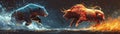 A fierce bear and a charging bull face off, one engulfed in fire and the other in ice Royalty Free Stock Photo