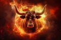 A fierce bull with horns surrounded by blazing flames in a fiery ring