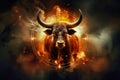 A fierce bull with horns surrounded by blazing flames in a fiery ring