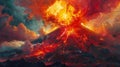 Fierce bursts of fiery red yellow and orange paint the sky as the volcano releases its pentup energy