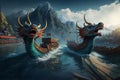 Fierce Chinese Dragon Boats Gliding Across the Lake with Mystical Aura