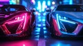Fierce competition is captured in a startling closeup of two cars sidebyside their neon headlights shining like glinting Royalty Free Stock Photo