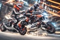 Fierce Competition, Dynamic Speed and Light Trails of Two Racing Motorcycles in Urban Abstraction AI generated Royalty Free Stock Photo