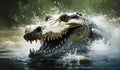 Fierce crocodile in splashing water. AI generated