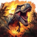 fierce dinosaur roaring amidst explosive sunset, surrounded by palm trees Royalty Free Stock Photo