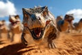 Fierce dinosaur running towards camera in a desert landscape, showcasing its sharp teeth and powerful legs with dramatic intensity Royalty Free Stock Photo