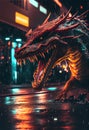 Fierce dragon roaring in a city at night Royalty Free Stock Photo