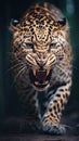 Dramatic Close-Up of an Angry Charging Leopard. Generative AI