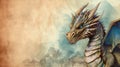 Fierce fantasy big winged dragon illustration with copy space