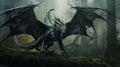 Fierce fantasy black winged dragon. Fierce fantasy black dragon digital illustration Generative AI