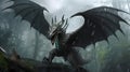 Fierce fantasy black winged dragon. Fierce fantasy black dragon digital illustration Generative AI