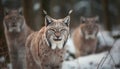 Fierce feline family walking through winter wilderness generated by AI