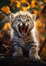 Fierce Feline: A Tiny Kitten\'s Mighty Roar from the Treetops Royalty Free Stock Photo