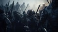 Fierce fighting group of male knights, battle for castle. Storming city, smoke and fire, battlefield. Portrait of knights with