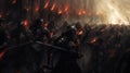 Fierce fighting group of male knights, battle for castle. Storming city, smoke and fire, battlefield. Portrait of knights with