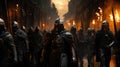 Fierce fighting group of male knights, battle for castle. Storming city, smoke and fire, battlefield. Portrait of knights with Royalty Free Stock Photo