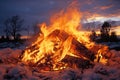 A fierce fire burns brightly against a snowy backdrop, with trees silhouetted by dusk\'s glow.