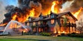 Fierce flames engulfing a large residential structure during a dramatic nighttime fire. Generative AI Royalty Free Stock Photo