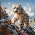 the fierce gaze and regal poise of a snow leopard, camouflaged among rocky mountain by AI generated