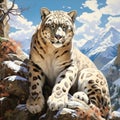 the fierce gaze and regal poise of a snow leopard, camouflaged among rocky mountain peaks by AI generated