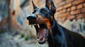 Fierce Guardian: Doberman Emits Menacing Bark in Protective Posture