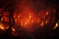 Fierce inferno blazing through a dense forest show