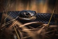 A fierce and intimidating Black Mamba slithering through the grass. Generative AI