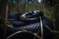 A fierce and intimidating Black Mamba slithering through the grass. Generative AI