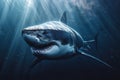 A fierce and intimidating Great White Shark swimming through the ocean. Generative AI
