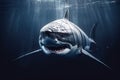 A fierce and intimidating Great White Shark swimming through the ocean. Generative AI