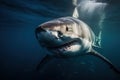 A fierce and intimidating Great White Shark swimming through the ocean. Generative AI