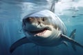 A fierce and intimidating Great White Shark swimming through the ocean. Generative AI