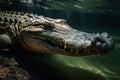 A fierce and intimidating Saltwater Crocodile lurking in the water, showing off its fierce and intimidating nature. Generative AI